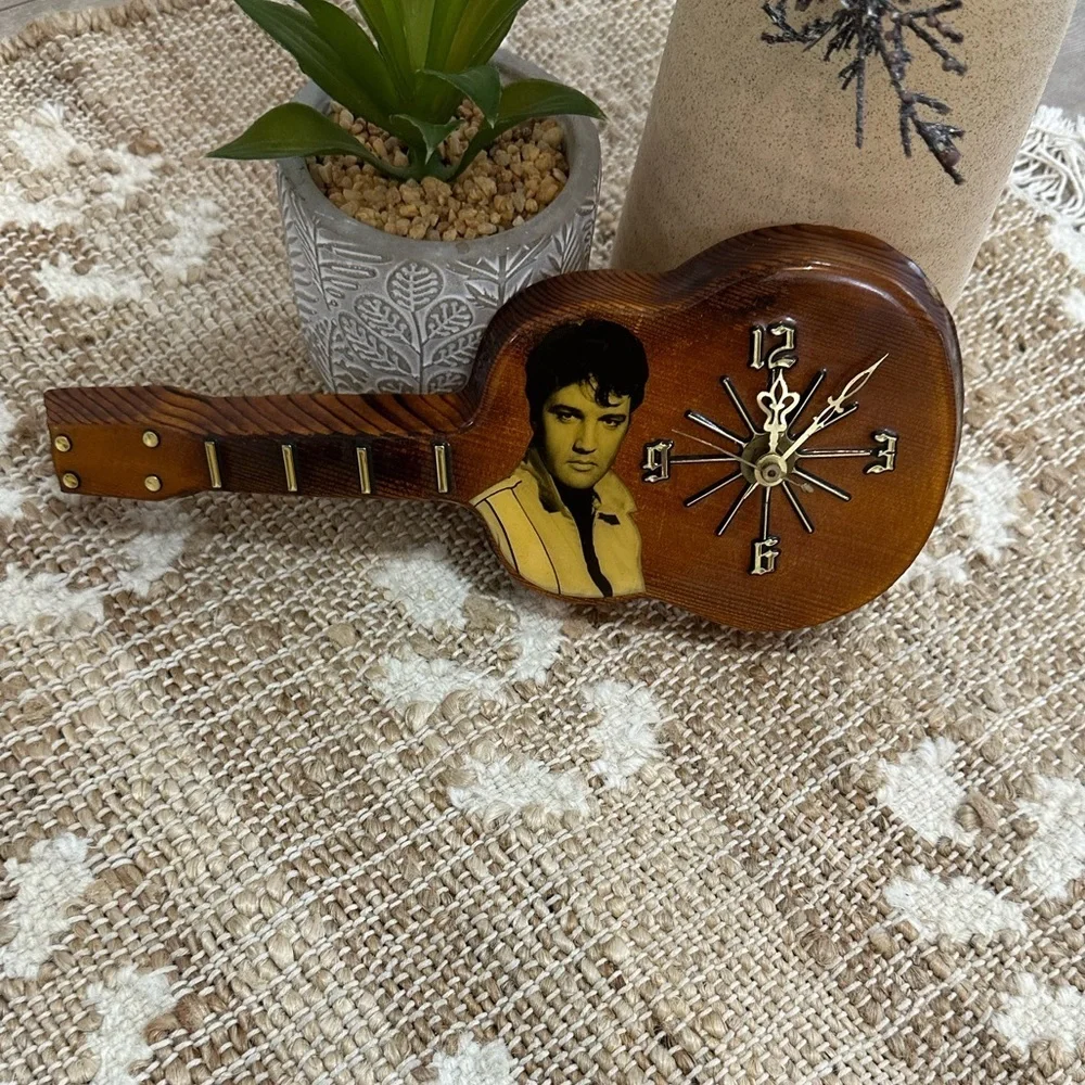 Vintage Elvis Presley Lacquered Wood Working Guitar Shaped Wall Clock